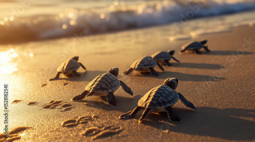 Group of baby sea turtles crawling toward the ocean across a sandy beach at sunrise. A touching moment of wildlife instinct and survival. Symbol of new beginnings.