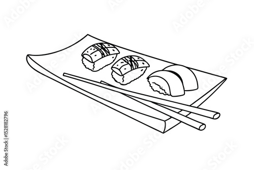 Delicious japanese sushi nigiri served on wooden plate with chopsticks simple line art