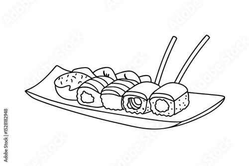 Simple black and white illustration of a variety of japanese sushi rolls on a plate