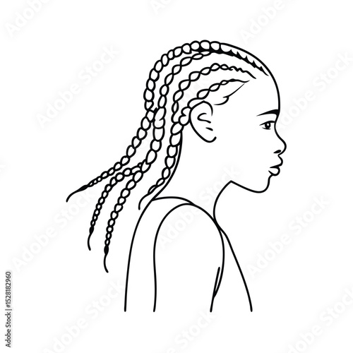 Elegant black and white illustration of a young woman with braided hairstyle in profile