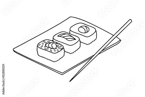 Delicious freshly prepared sushi rolls on a plate served with chopsticks monochrome illustration