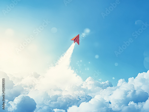 Fototapeta Naklejka Na Ścianę i Meble -  Red paper airplane is flying through the sky. The sky is blue and clear, with no clouds in sight. concept of business growth and development
