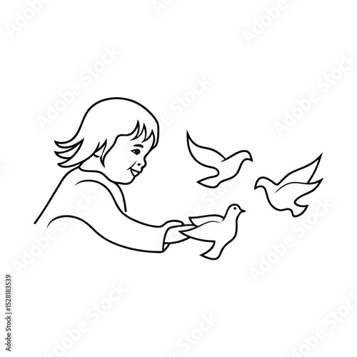 Child releasing pigeons illustration depicting peace freedom and hope with minimalist black and white design