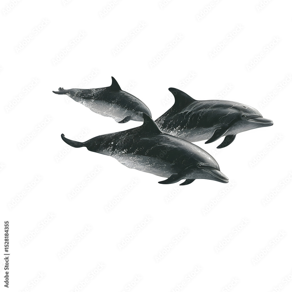 Fototapeta premium A detailed illustration of a school of dolphins leaping above stylized waves, isolated on white background