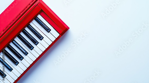 Red keyboard with white keys against a light background.