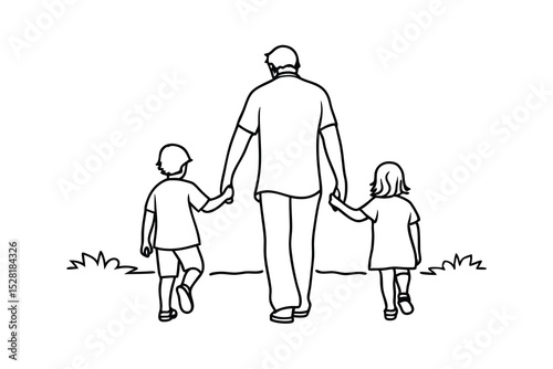 Father walking with two children hand in hand showing love family and togetherness