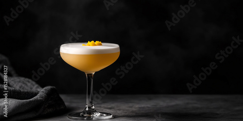 Pisco sour in a coupe glass, frothy top with a few drops of bitters, and a garnish of lemon zest, placed against a dark	