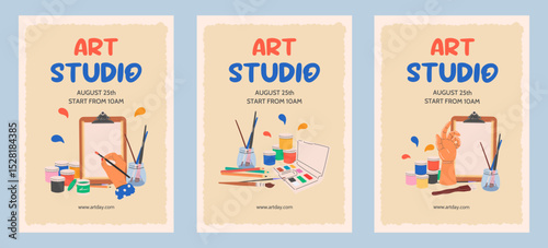 Vertical templates for banners and covers for art schools, studios, courses, workshops. Art supplies for creativity: paints, canvas, brushes. Flat vector illustration. 