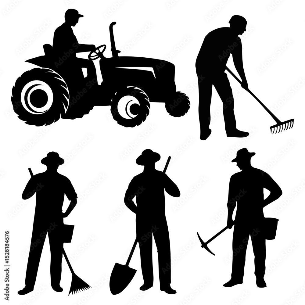 Obraz premium Silhouettes of farmers and a tractor in black and white