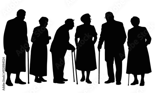 Silhouette of group of elderly people with canes