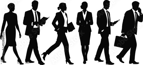 Silhouettes of Business People Walking, Working, Communicating in Office Environment, Vector Illustration Representing Professional Team, Corporate Life Concept