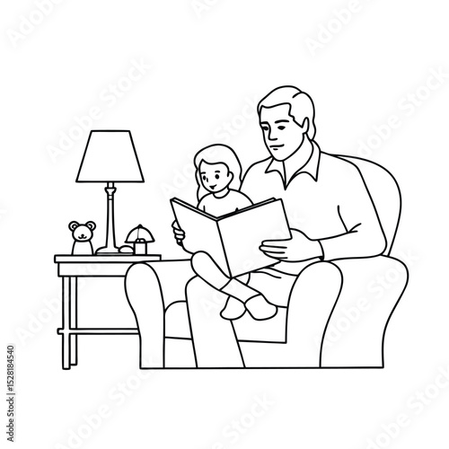 Father and daughter reading a book together in a cozy armchair illustration