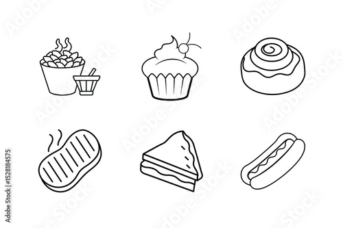 Food line art vector set with fried shrimp basket cupcake cinnamon roll beef Line Art Vector illustration