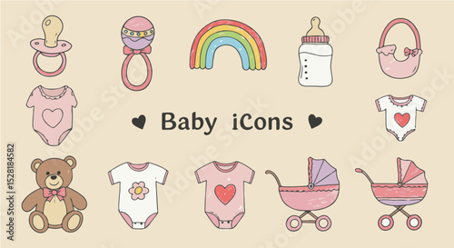 Adorable Baby Icons Set featuring Clothes, Toys, and Stroller illustrations perfect for nurseries, baby showers, and children's products.