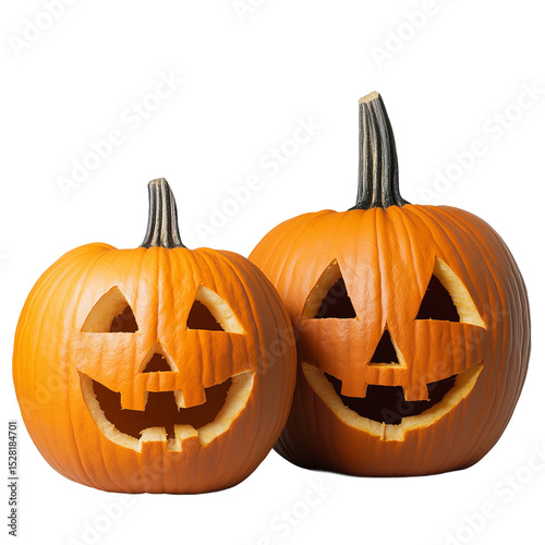 Two carved jack-o'-lanterns, Halloween pumpkins with friendly faces, sit side by side, exuding festive autumn spirit.