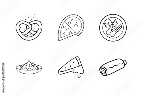 Food line art vector set with pretzel pizza buffalo wings nachos cheese rolls Line Art Vector illustration