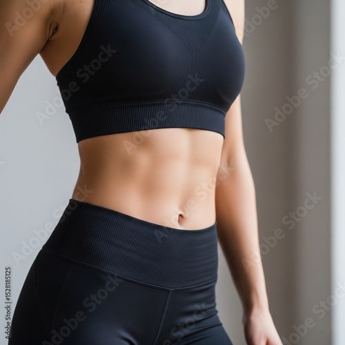 Gen AI illustration slim female figure in a sports suit and lingerie tight fitness female body, flat stomach, abs cubes, sport and healthy lifestyle gym pilates yoga