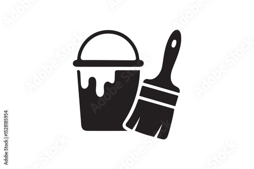 Plastic bucket and paint brush icon  silhouette on white background.