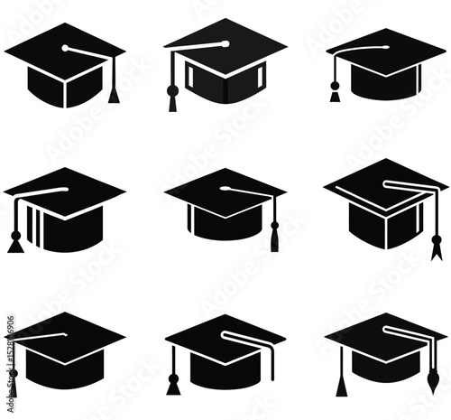 Simple Black Graduation Cap Icons Set