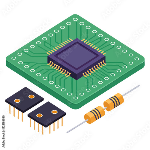 Isometric Electronic Components: Microchip, Integrated Circuits, and Resistors