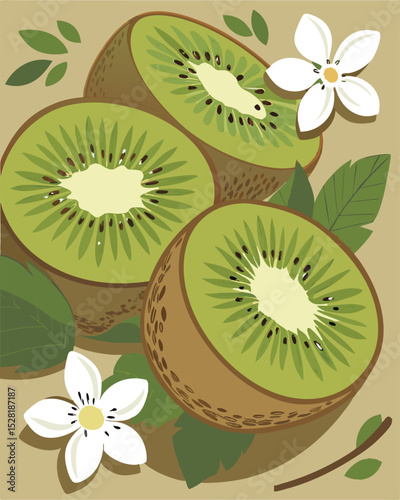 Kiwi fruit with leaves and flowers on a beige background