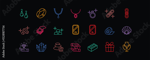 This Jewelry-themed icon set features 21 editable stroke vector icons representing various elements of jewelry such as necklaces, rings, earrings, gemstones, metal bars, pearls, gifts.