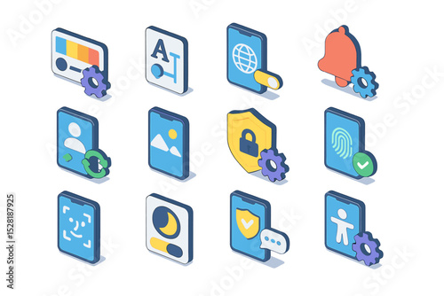 Colorful 3d app icons for security, communication, and media settings