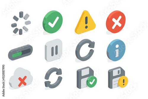 3d isometric notification icons: alert, information, processing, cloud, save