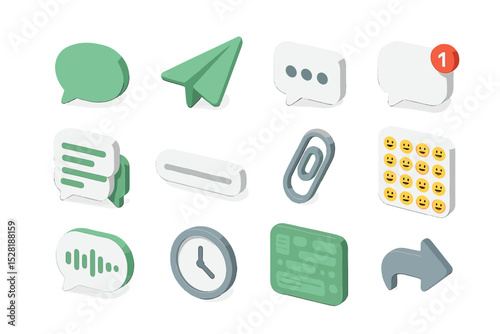 3d communication icons design: messages, chat, emojis, attachment, notification
