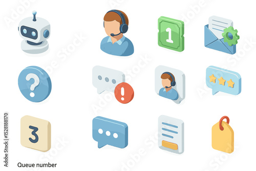 Set of customer support and communication icons in isometric style