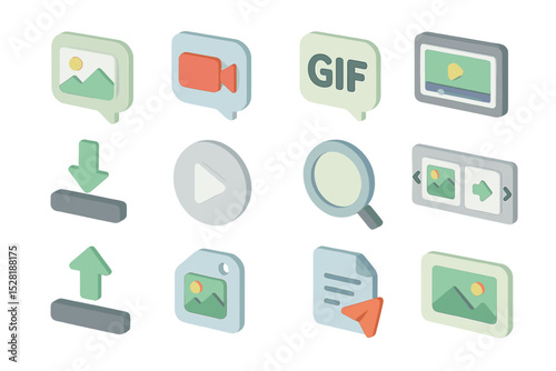 Digital media icons set: gif, video, search, download, upload, image, file