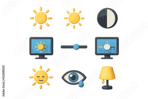 Brightness and contrast adjustment icons with sun, moon, lamp, eye