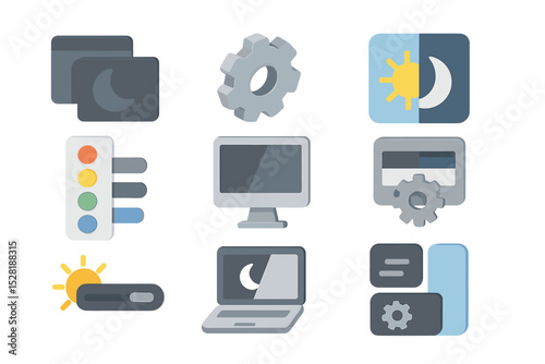 Technology concept icons for computer settings and day-night modes