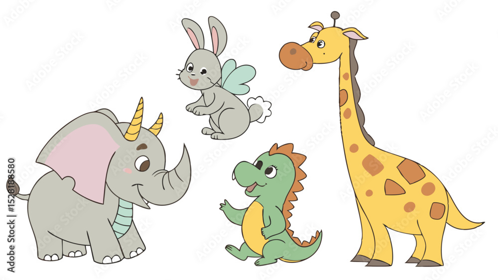 Naklejka premium Five distinct, colorful cartoon animal illustrations on a white background. The animals include: a grey elephant with pink ears and a golden horn; a grey rabbit with small light blue wings.