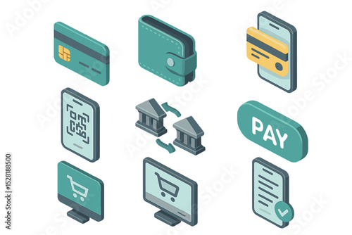 Isometric digital payment icons: cards, qr code, wallet, payment processing