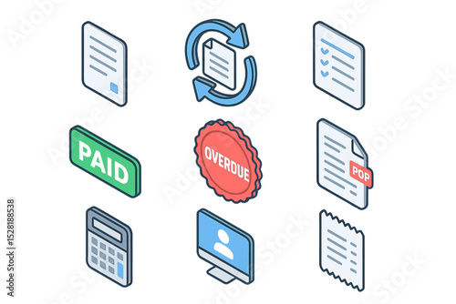 Financial document icons with paid and overdue labels on gradient background