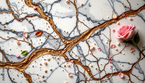 an artistic marble countertop with a crackle pattern reminiscent of a map. the countertop is adorned with small pink flowers scattered across its surface