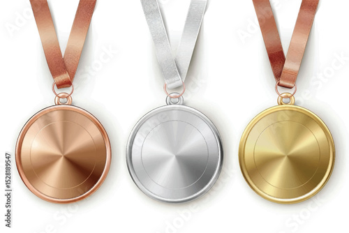 Different medals set on white background. Golden, silver and bronze.