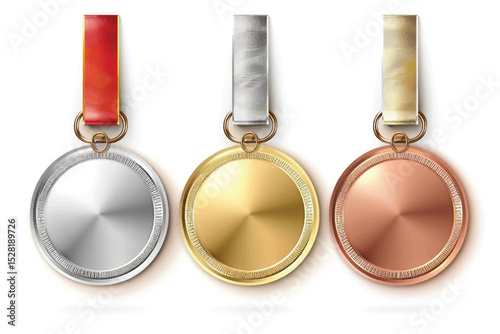 Different medals set on white background. Golden, silver and bronze.