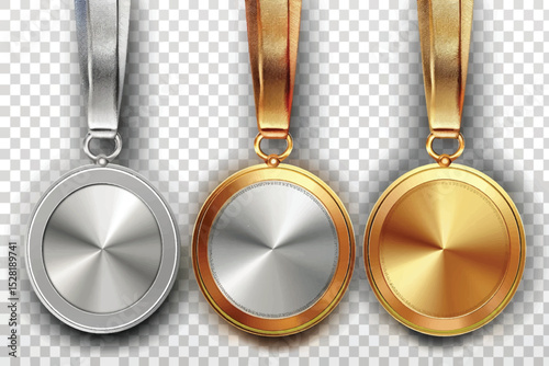Different medals set on white background. Golden, silver and bronze.