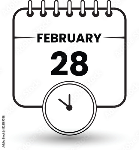 Simple black and white February 28th calendar icon with clock. Clean and modern line art icon for February 28th