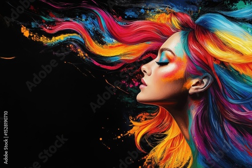 Airbrush Graphic. Woman with Colored Hair in Colorful High Resolution Painting on Black Background with Ink Features