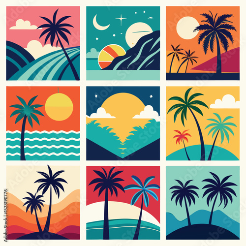 Tropical island scenes in a vibrant graphic style