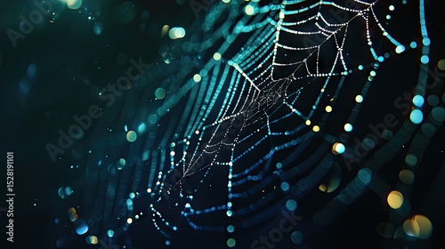 Detailed close-up of a spiderweb with dew drops.
