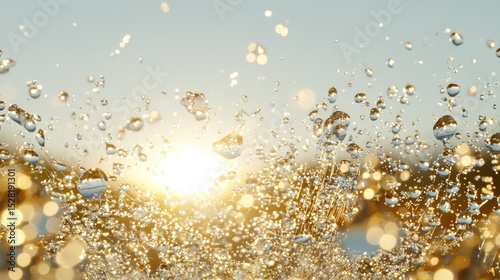 Water droplets reflecting golden light at sunset.