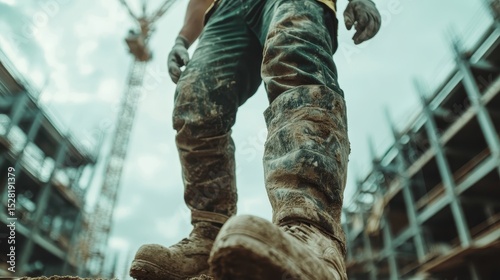 A gritty yet powerful image of a worker's muddy boots at a construction site, symbolizing hard work, dedication, and the raw essence of building and creating.