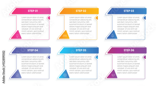 Colorful Business infographics design for Six Step, option, parts or process. Infographic 6 element design template for presentation. process diagram, step banner, flow chart, 6 option template.