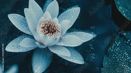 Close-up of a delicate water lily with water droplets.