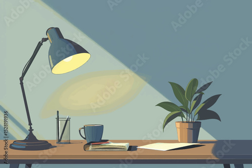 Illuminated desk lamp by books on table by wall in office,vector illustrations.