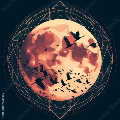 Ethereal full moon with flocks of birds flying around in a geometric design
